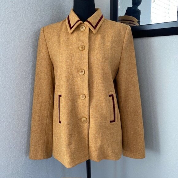 PHILLIPE ADEC Camel Wool Blend Tweed Jacket with Burgundy Trim Sz 6 - Picture 2 of 16